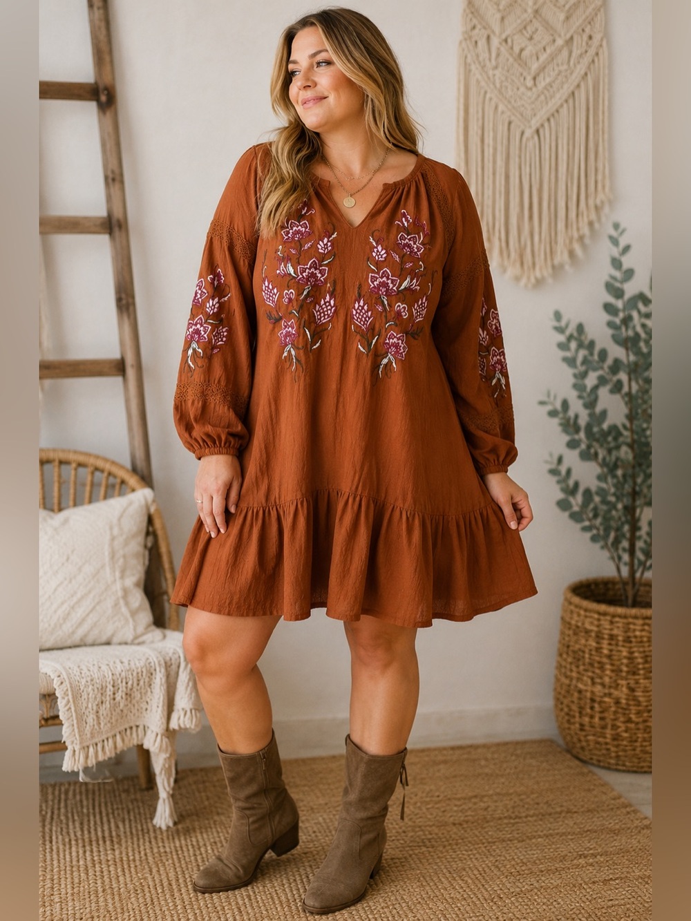 Cupio Boho Embroidered Mini Dress XL Rust Floral Long Tunic